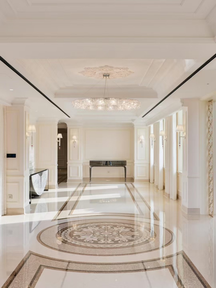 Example of a huge transitional marble floor, multicolored floor, coffered ceiling and shiplap wall hallway design with white walls