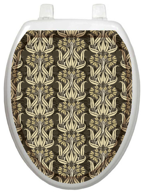 Bell Flowers in Brown Toilet Tattoos Seat Cover, Decorative Vinyl Lid Decal, Elongated