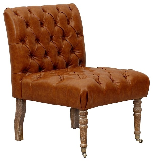 Hendrix PU Leather Armless Button Tufted Solid Oak Legs Accent Chair