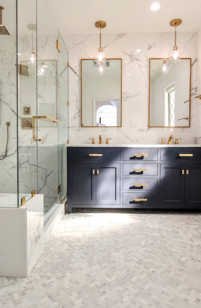 Bathroom - mid-sized modern master multicolored tile and porcelain tile marble floor, gray floor and double-sink bathroom idea in Los Angeles with shaker cabinets, blue cabinets, marble countertops, a hinged shower door, white countertops and a freestanding vanity