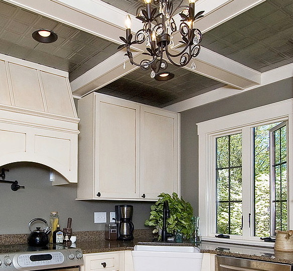 Dazzling Kitchen With Tin Accented Ceiling American