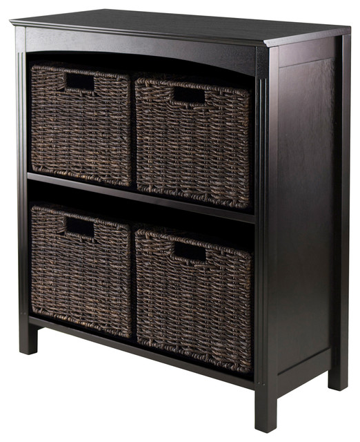 5-Pc Storage Shelf With 4 Foldable Corn Husk Baskets, Espresso And Chocolate