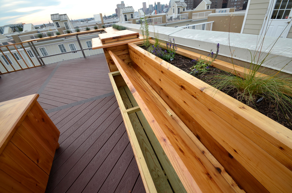 Photo of a small arts and crafts rooftop deck in Baltimore with no cover, metal railing and a fire feature.
