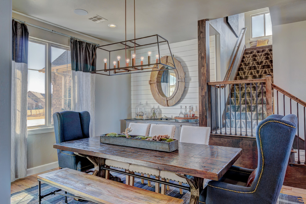 Industrial Farmhouse Dining Room With Fireplace