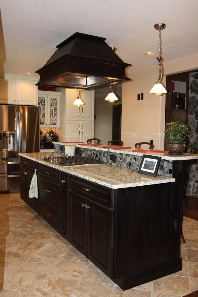 Eat-in kitchen - u-shaped ceramic tile eat-in kitchen idea in Denver with a farmhouse sink, open cabinets, white cabinets, quartz countertops, white backsplash, stainless steel appliances and an island