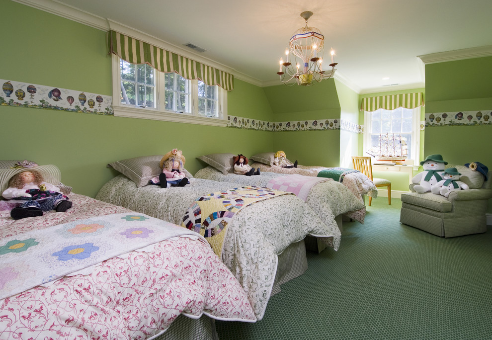 This is an example of a traditional kids' bedroom for kids 4-10 years old and girls in Bridgeport with green walls and carpet.