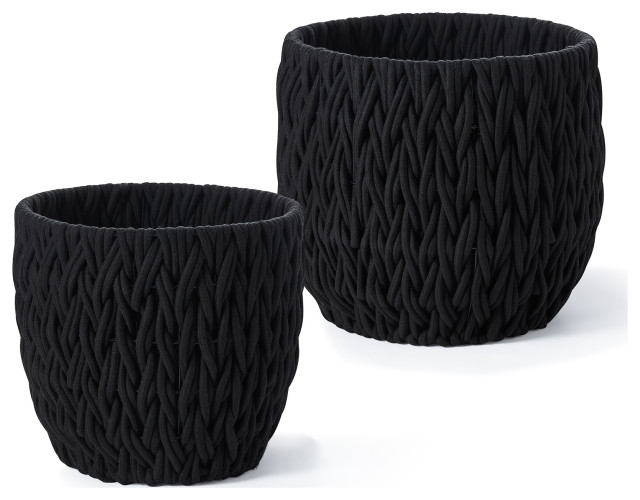 2Piece Set Vertical VWeave Black Cotton Rope Round Baskets Beach