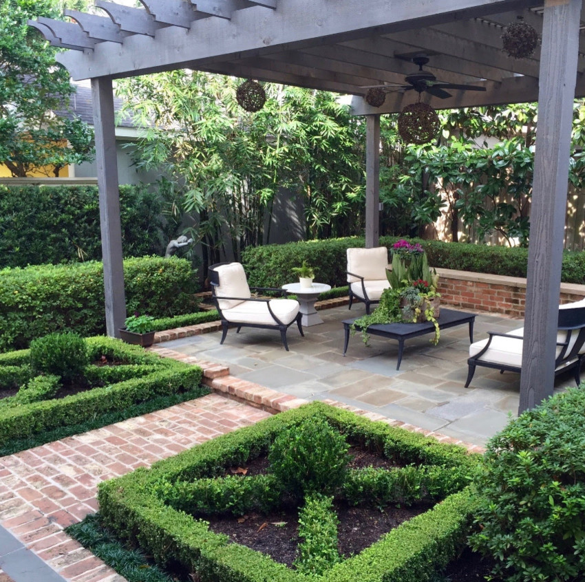 Mid-sized transitional backyard patio in Houston with natural stone pavers and a pergola.