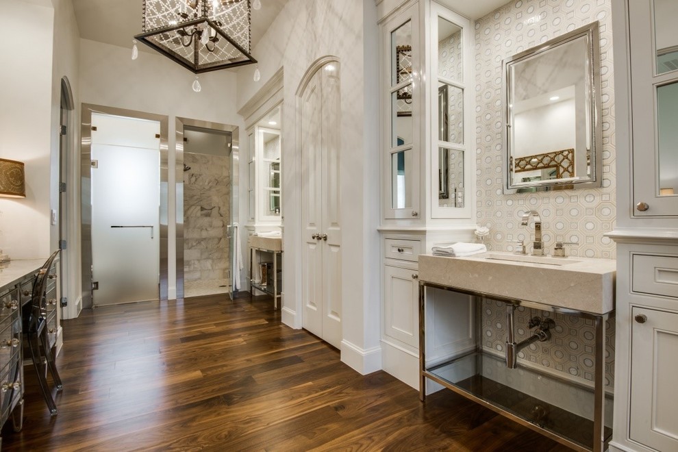 Large traditional master bathroom in Dallas with recessed-panel cabinets, white cabinets, an alcove shower, beige tile, mosaic tile, brown walls, dark hardwood floors, a wall-mount sink, soapstone benchtops, brown floor and a hinged shower door.