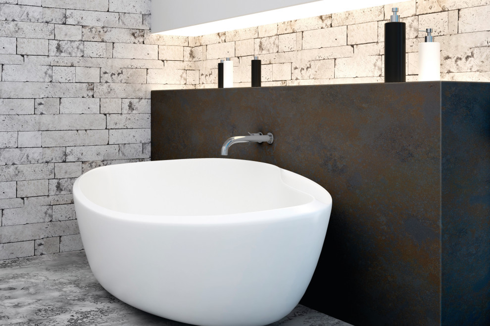 Inspiration for an industrial bathroom in New York with solid surface benchtops and brown benchtops.