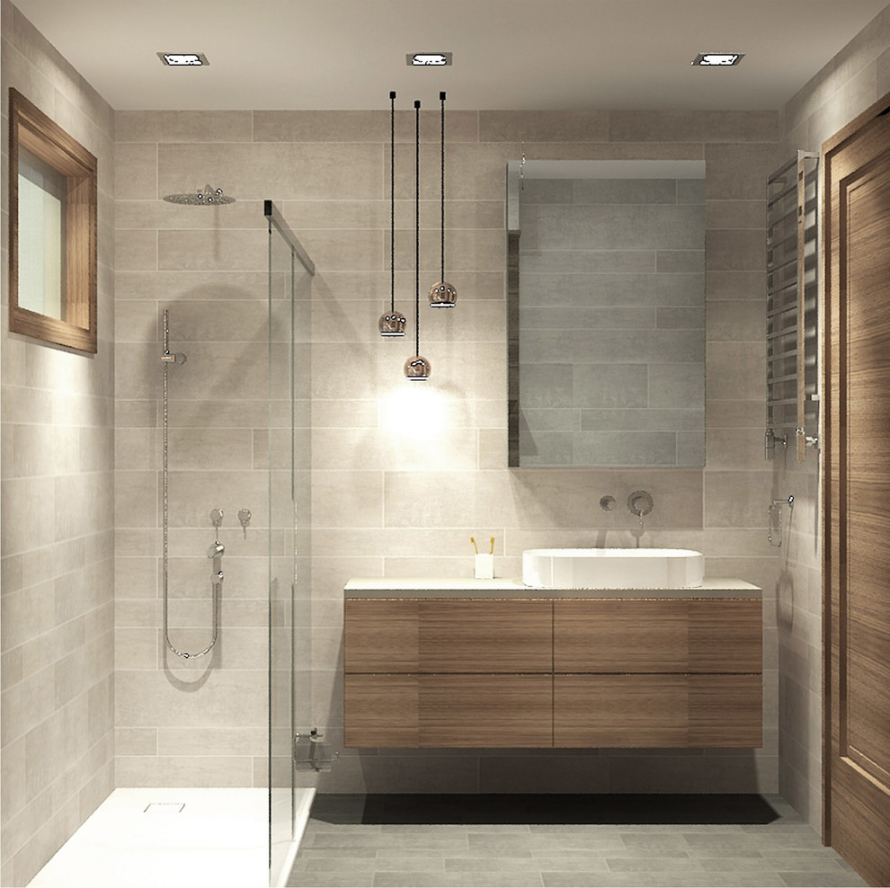 Small minimalist gray tile and ceramic tile ceramic tile bathroom photo in Other with flat-panel cabinets and beige walls