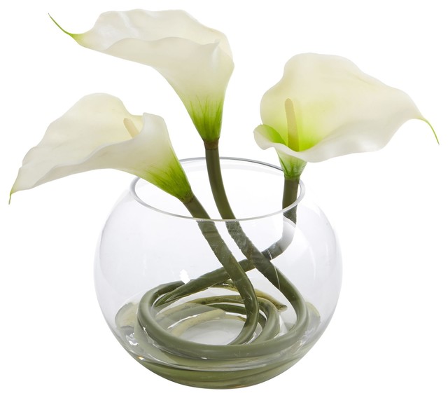 Artificial Flowers 9 Inch White Calla Lily Arrangement In Rounded Gl Vase