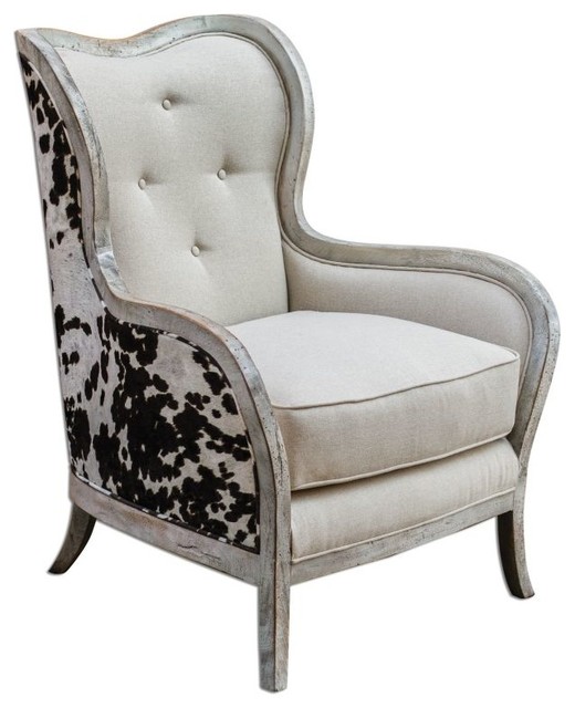 Contemporary Cow Hide Print Arm Chair with White Linen Upholstery Velvet - Transitional 