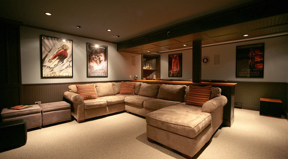Photo of a transitional home theatre in Bridgeport.