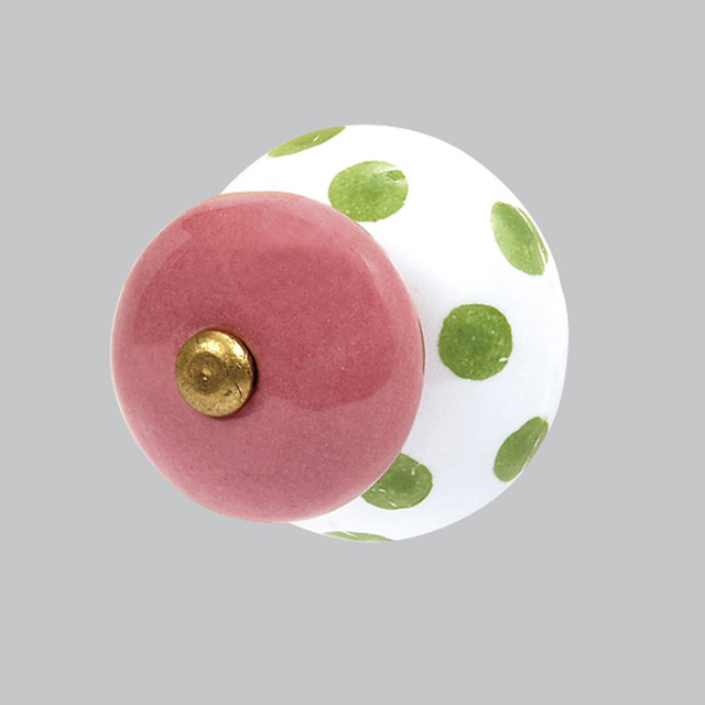 Ceramic Knob in Pink with Green Dots