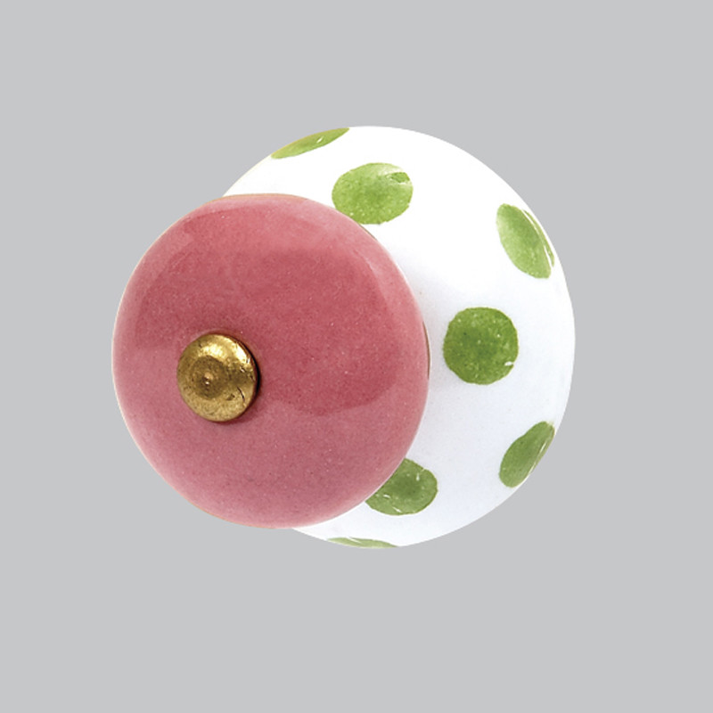 Ceramic Knob in Pink with Green Dots