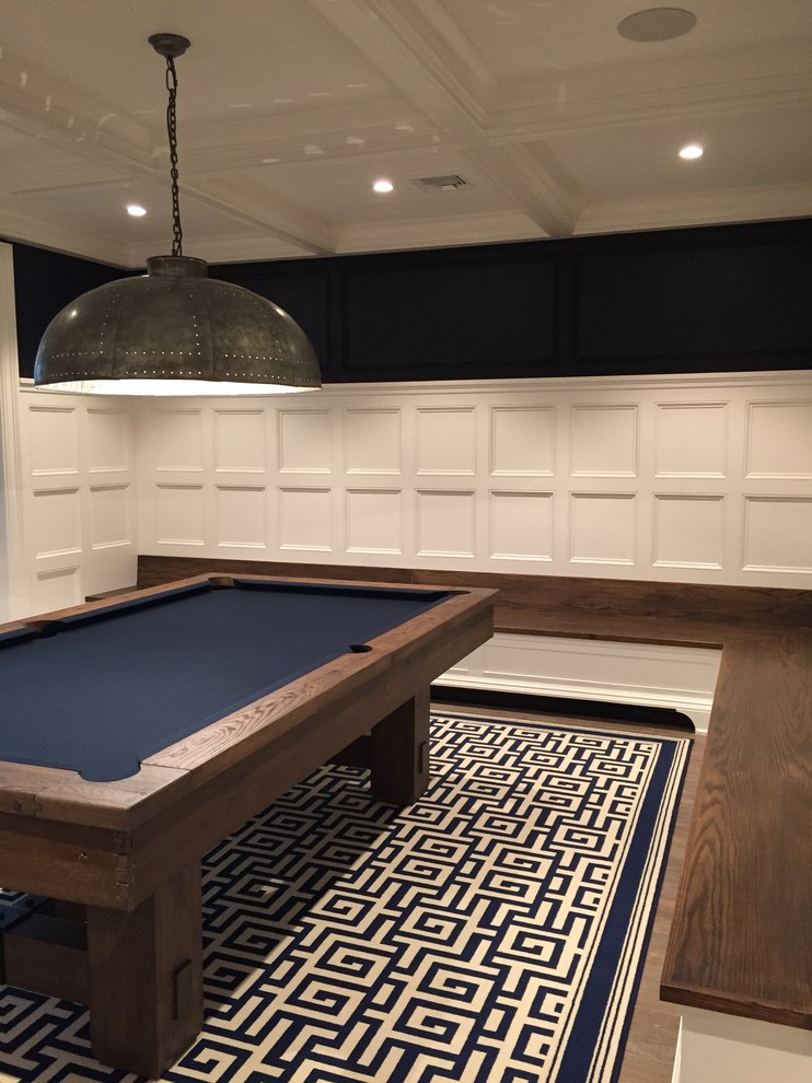 Large traditional open concept family room in New York with a game room, white walls, carpet, a built-in media wall and blue floor.
