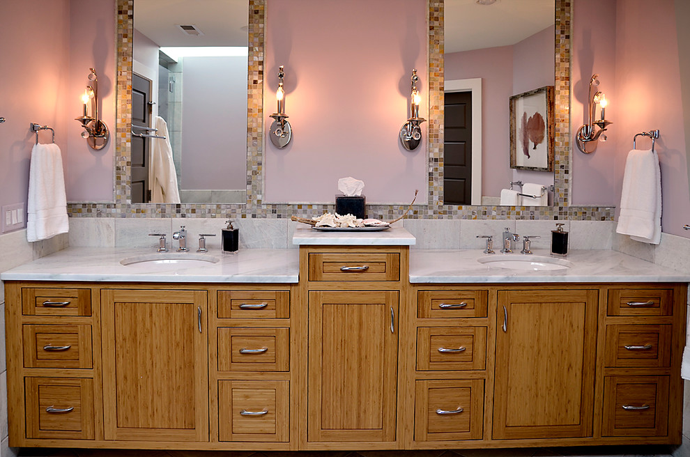 Design ideas for a large beach style master bathroom in Philadelphia with an undermount sink, shaker cabinets, medium wood cabinets, granite benchtops, a double shower, gray tile, porcelain tile, pink walls and porcelain floors.