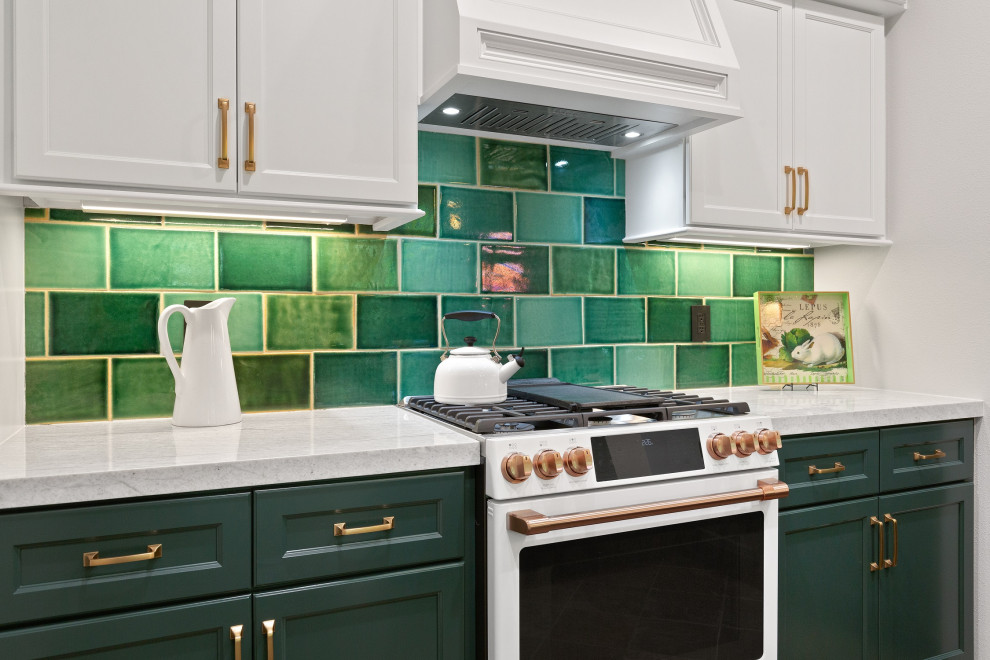 Inspiration for a small transitional l-shaped eat-in kitchen in Houston with a farmhouse sink, beaded inset cabinets, green cabinets, quartzite benchtops, green splashback, ceramic splashback, white appliances, with island and white benchtop.