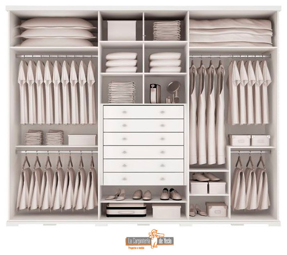 Mid-sized mediterranean women's storage and wardrobe in Alicante-Costa Blanca with flat-panel cabinets, light wood cabinets, ceramic floors, beige floor and coffered.