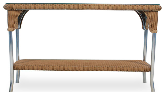 Console Table With Lay On Glass in Traditional Weave and Woodland Finish