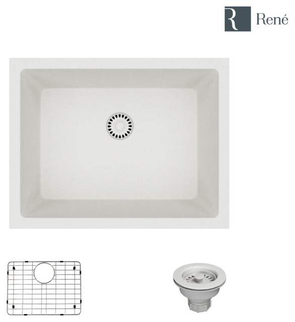 R3-1004-CAR Single Bowl Composite Granite Sink, Flange, Ivory, Strainer