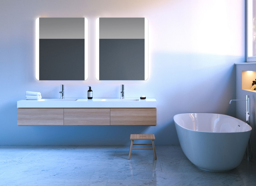 Inspiration for a medium sized modern bathroom in Other with a floating vanity unit, flat-panel cabinets, light wood cabinets, white tiles, white walls, porcelain flooring, a built-in sink, wooden worktops, multi-coloured floors, white worktops, double sinks and a freestanding bath.
