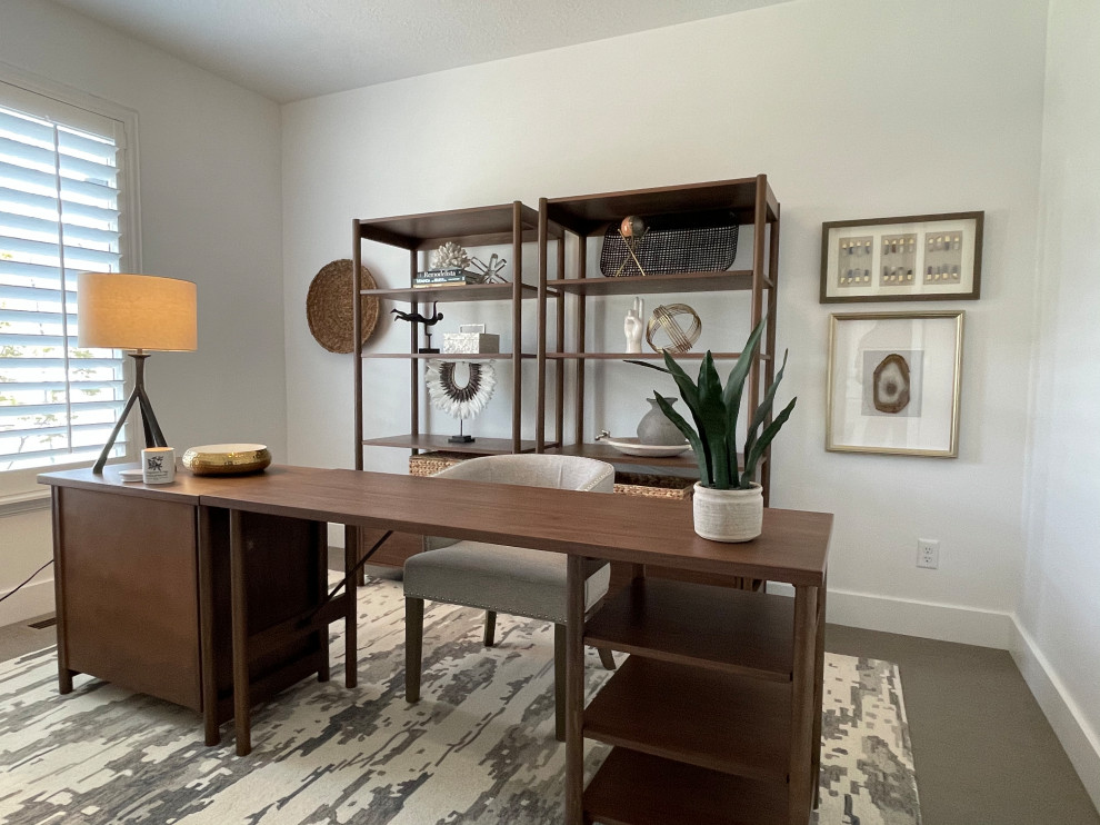 Study room - mid-sized transitional freestanding desk carpeted and gray floor study room idea in Salt Lake City with white walls