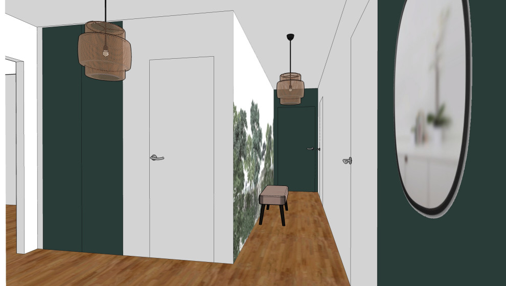 Стильный дизайн: большой коридор в стиле модернизм с зелеными стенами, полом из ламината, коричневым полом и обоями на стенах - последний тренд