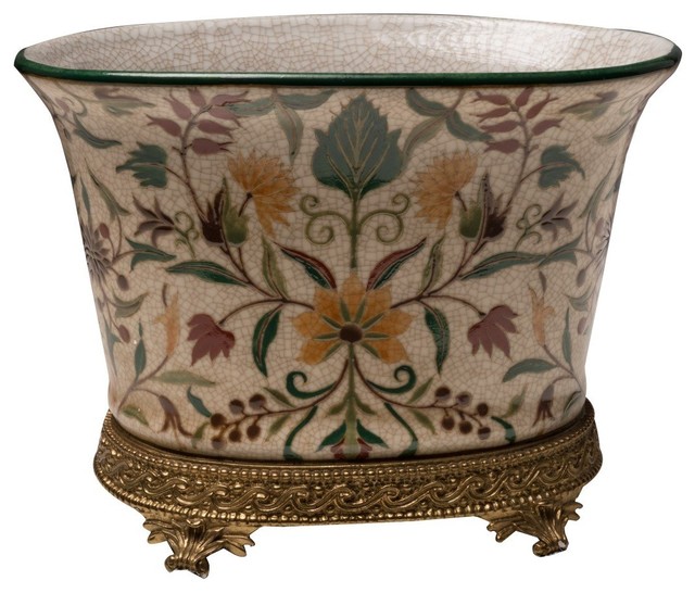 Beautiful Oval Floral Chinoiserie Porcelain Flower Pot Ormolu Base 7.5