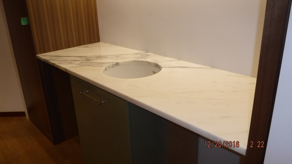 Transitional galley home design photo in Baltimore with an undermount sink, flat-panel cabinets, green cabinets and marble countertops