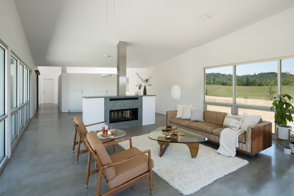 This is an example of a mid-sized modern living room in Sacramento with white walls, concrete floors and grey floor.