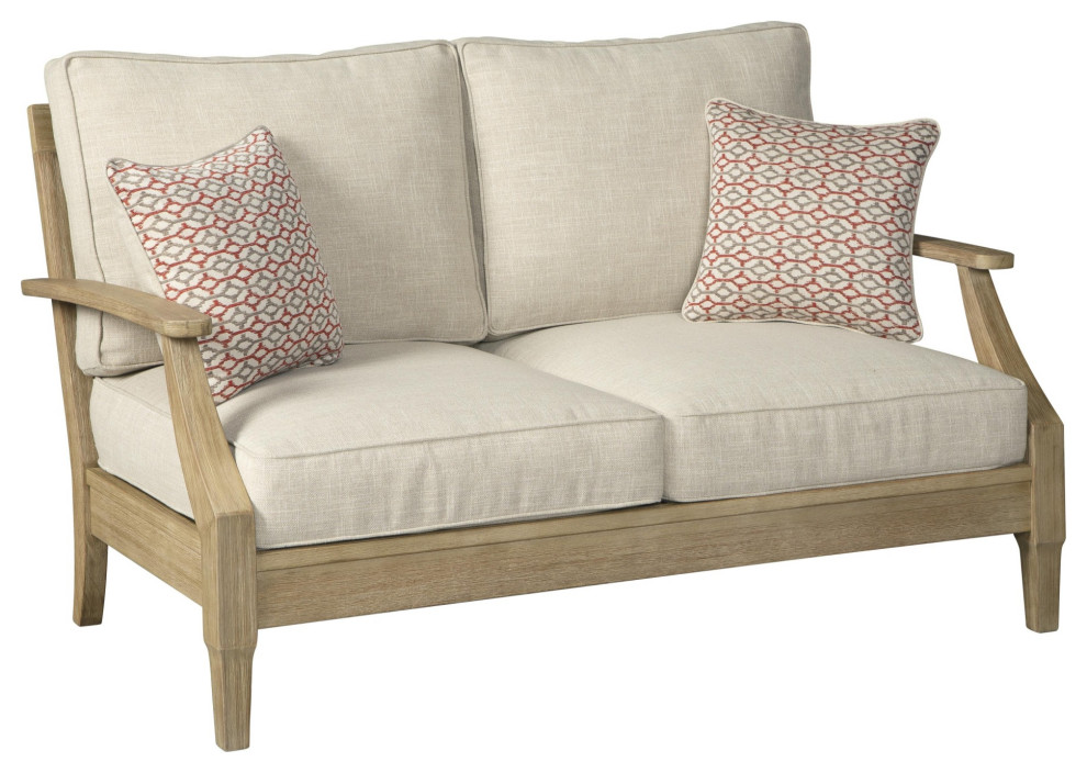 Traditional Wooden Loveseat With Fabric Cushioned Seating, Beige And