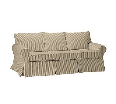 PB Basic Sofa, Polyester Wrap Cushions, Ticking Stripe Brownstone