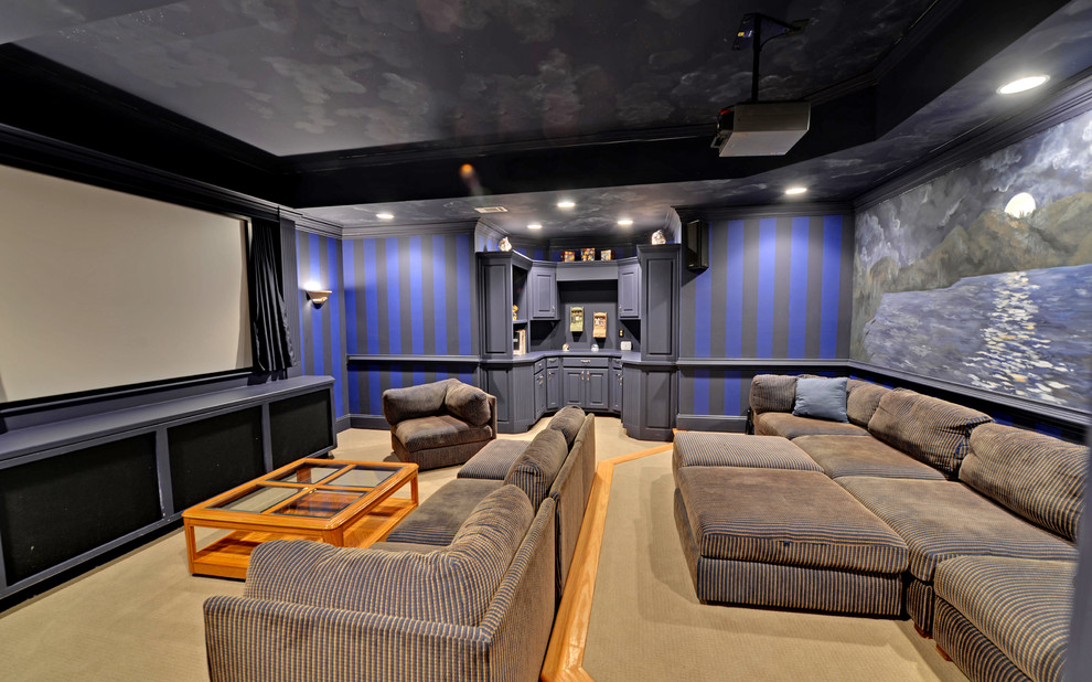 Traditional enclosed home theatre in Atlanta with a projector screen.