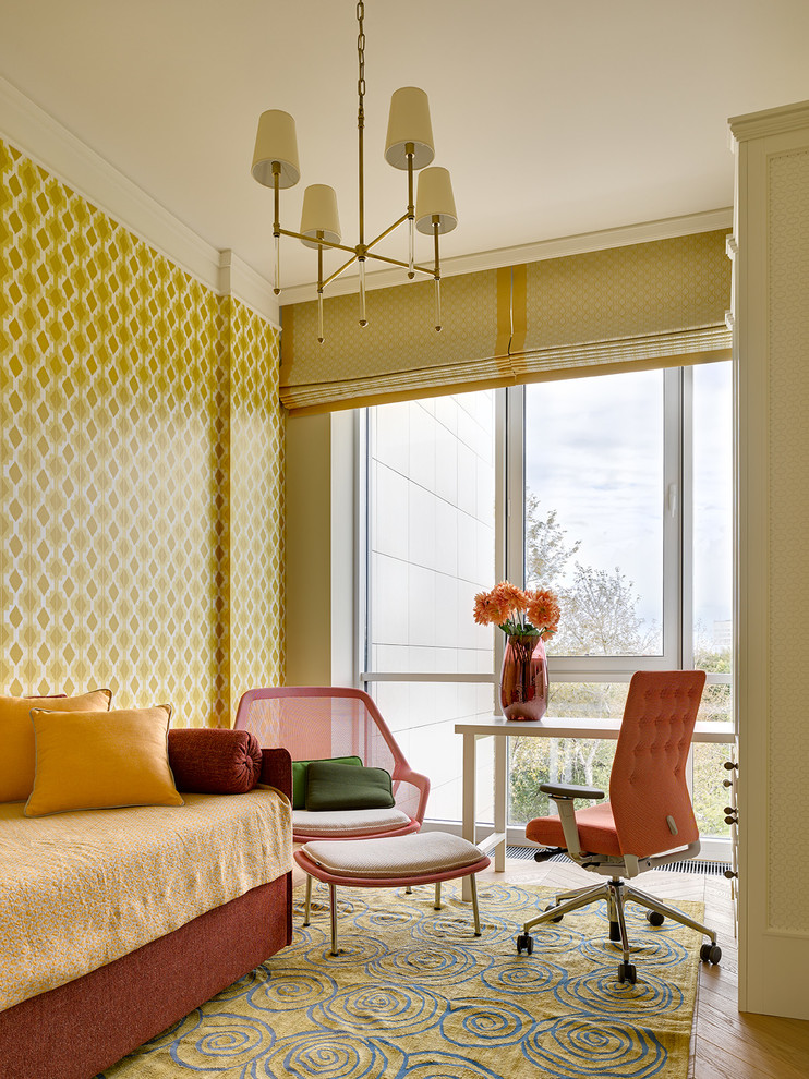 Inspiration for a transitional kids' room for girls in Moscow with yellow walls and brown floor.