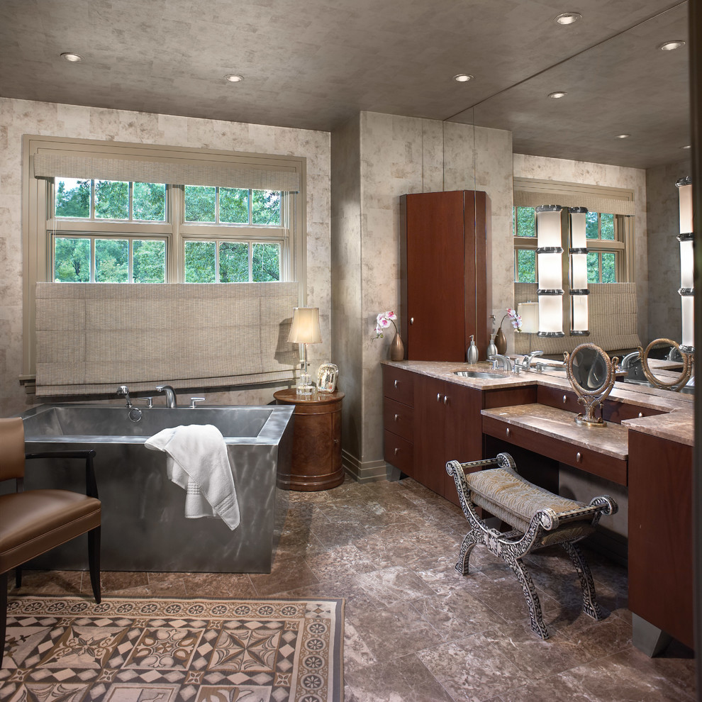 This is an example of a contemporary master bathroom in Cleveland with an undermount sink, flat-panel cabinets, dark wood cabinets and a freestanding tub.