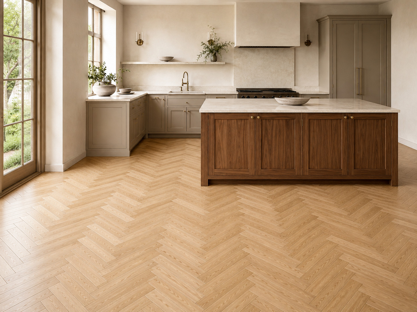 Complete the kitchen with flooring selected for durability, maintenance, comfort, and visual continuity. Hardwood, engineered wood, porcelain or ceramic tile, and luxury vinyl plank can be matched to