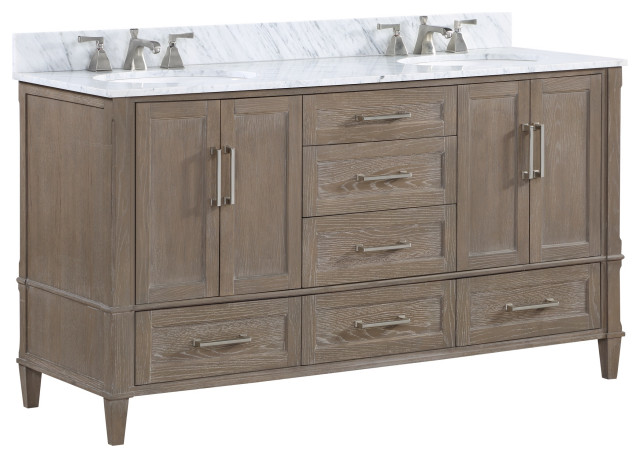 Montauk 60" Bathroom Vanity, Light Oak With Carrara Marble, 60"