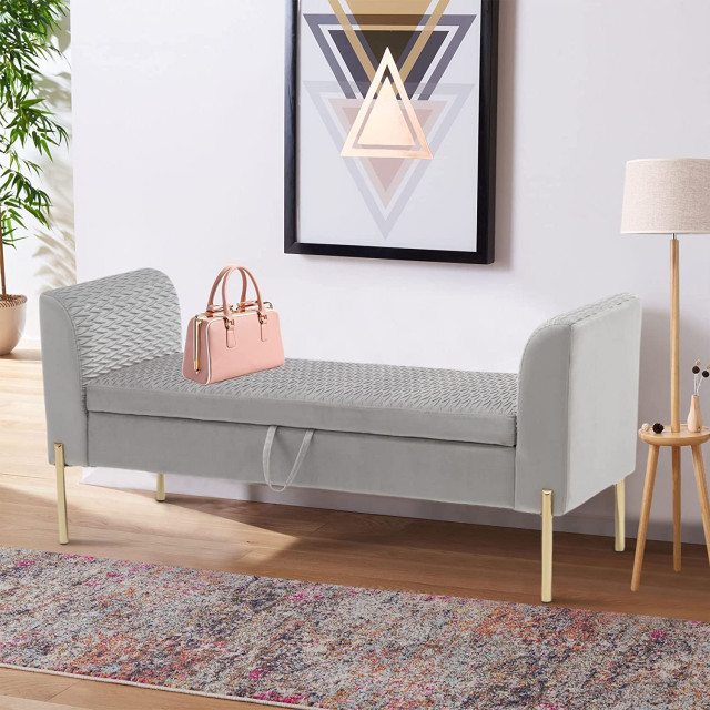 Upholstered Storage Ottoman Bench with Gold Legs Traditional Accent