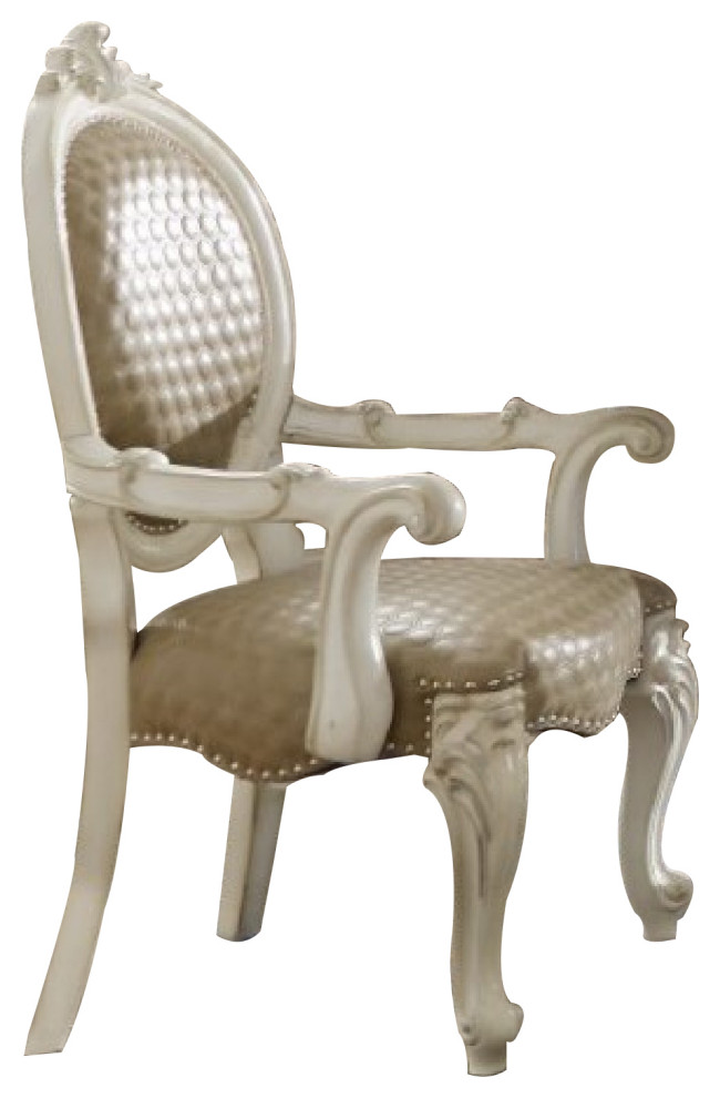 Benzara BM276282 Solid Wood Carved Rolled Armchair, Vegan Leather, Antique White