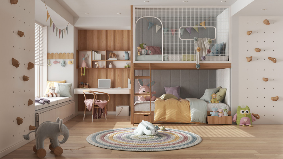 Children's Bedroom Design Northridge - Children's bedroom in white and light wood aesthetic. Pops of color throughout the room. Climbing wall feature. Bunk befd with netting at top for safety.