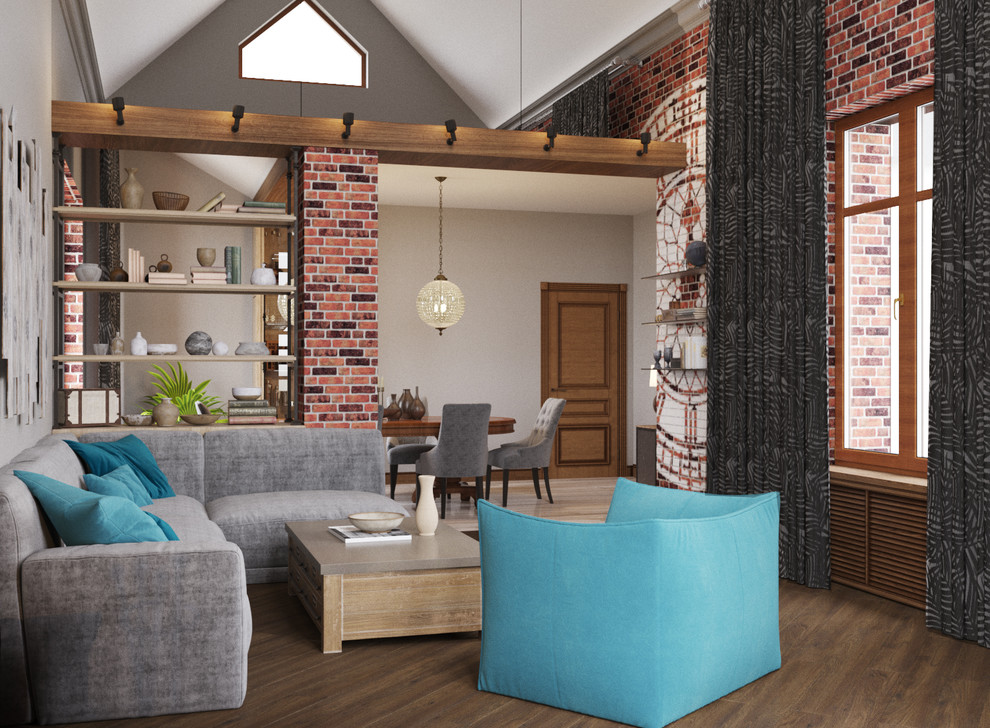 Гостиная с элементами лофта в загородном доме