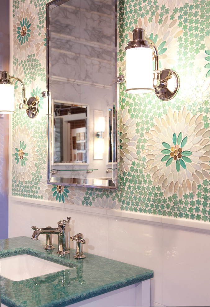 Design ideas for a traditional bathroom in Denver with turquoise benchtops.