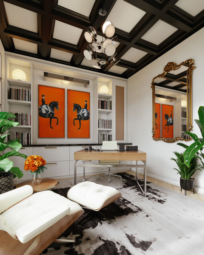 This is an example of a mid-sized transitional home studio in Denver with white walls, light hardwood floors, a freestanding desk, beige floor, coffered and wallpaper.