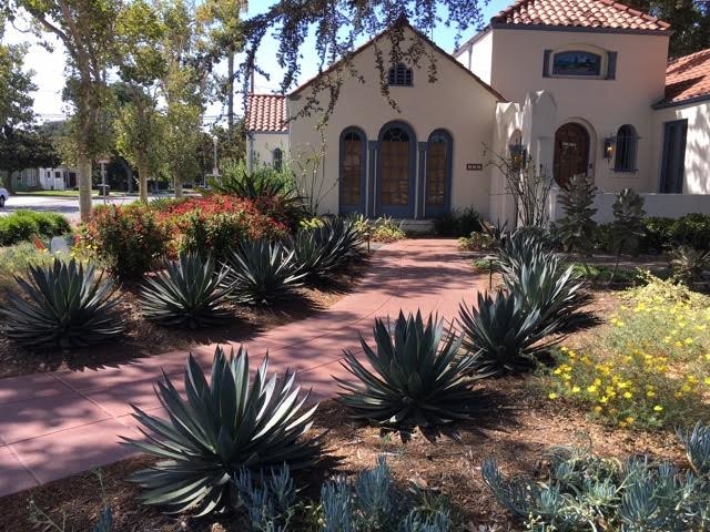 Inspiration for a mid-sized mediterranean front yard partial sun xeriscape in Orange County with mulch.
