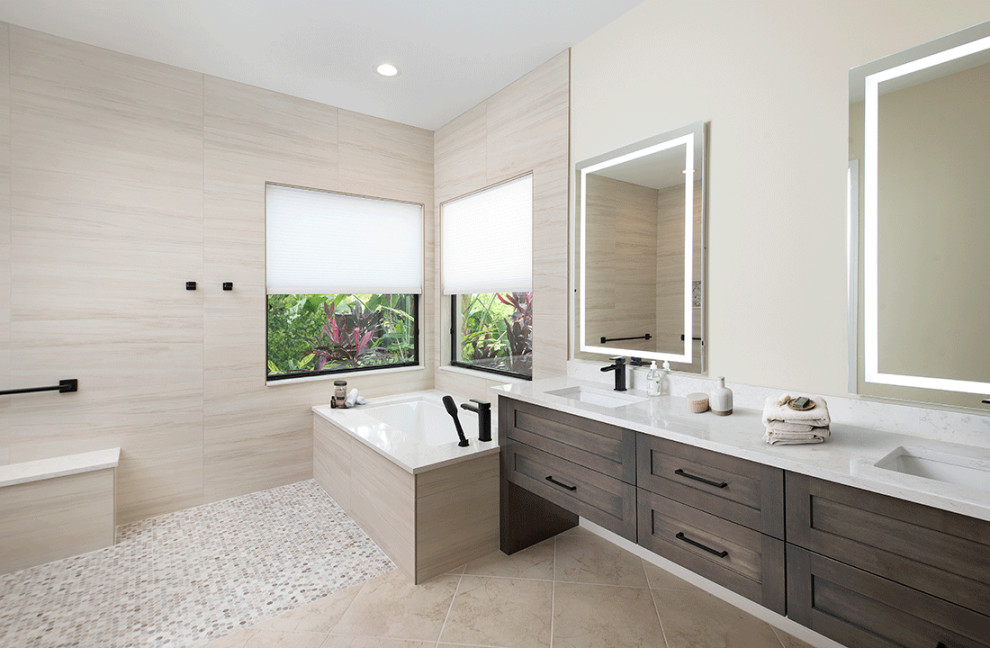 Inspiration for a large contemporary master beige tile and porcelain tile porcelain tile, beige floor and double-sink bathroom remodel in Miami with shaker cabinets, brown cabinets, a two-piece toilet, beige walls, an undermount sink, quartz countertops, white countertops and a built-in vanity