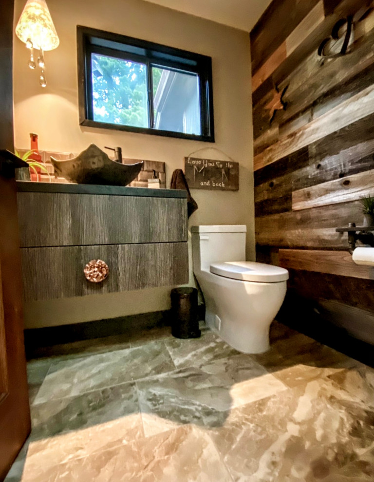 Design ideas for a mid-sized country bathroom in San Francisco with flat-panel cabinets, medium wood cabinets, a one-piece toilet, beige walls, porcelain floors, a vessel sink, beige floor, a single vanity, a floating vanity and wood walls.