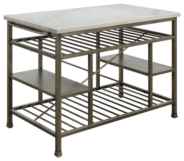 Acme Lanzo Kitchen Island Counter Marble and Antique Pewter