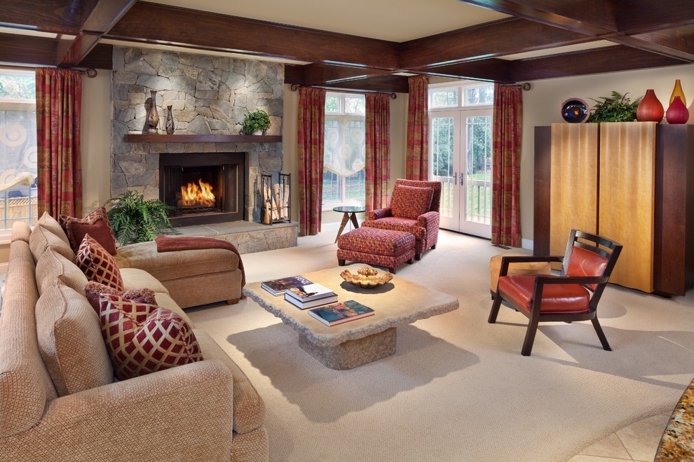 Inspiration for a mid-sized contemporary open concept family room in DC Metro with a stone fireplace surround, beige walls, carpet, a standard fireplace, no tv and beige floor.